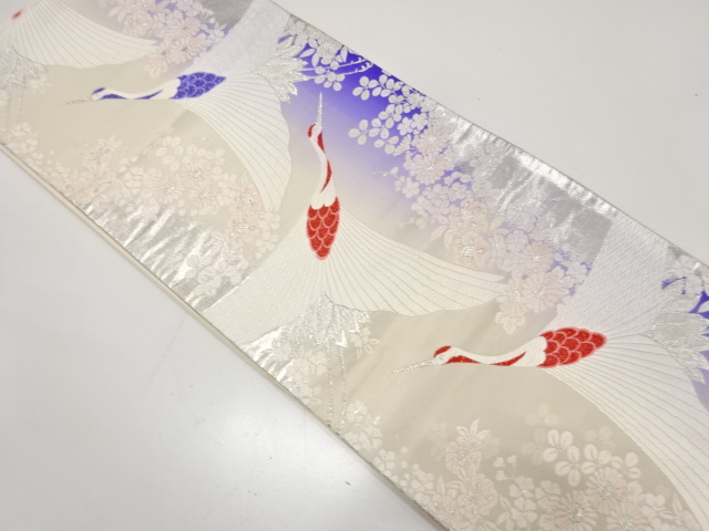 JAPANESE KIMONO / ANTIQUE FUKURO OBI / SILK / WOVEN KIKU & CRANE